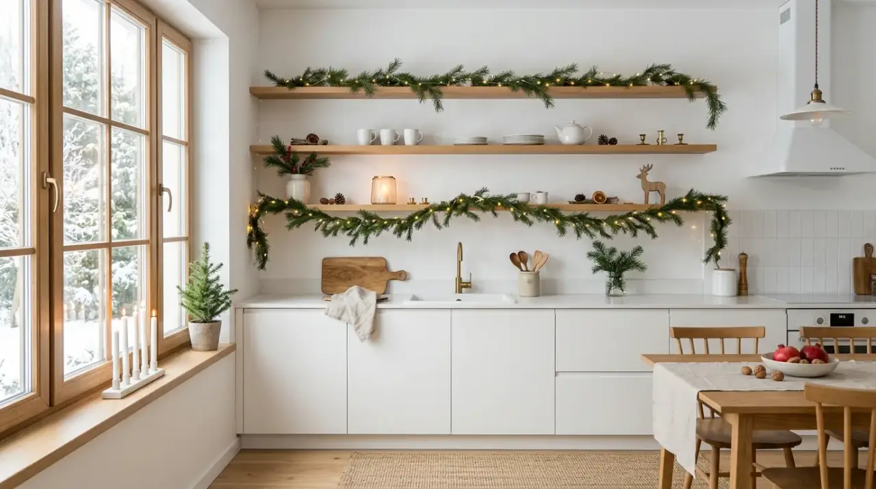 Mini wreaths in Christmas kitchen. Traditional greenery accents adding festive detail without cluttering counters.