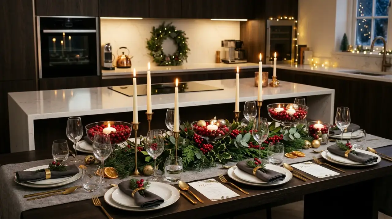 Wood and brass Christmas kitchen. Warm natural materials creating a richer holiday kitchen atmosphere.