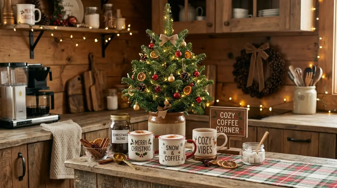Warm Christmas kitchen lighting. Soft evening light deepening the festive atmosphere of the kitchen.
