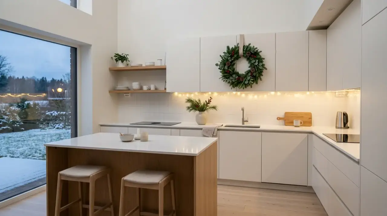 Christmas kitchen table centerpiece. Holiday table styling connecting the kitchen to seasonal gatherings.