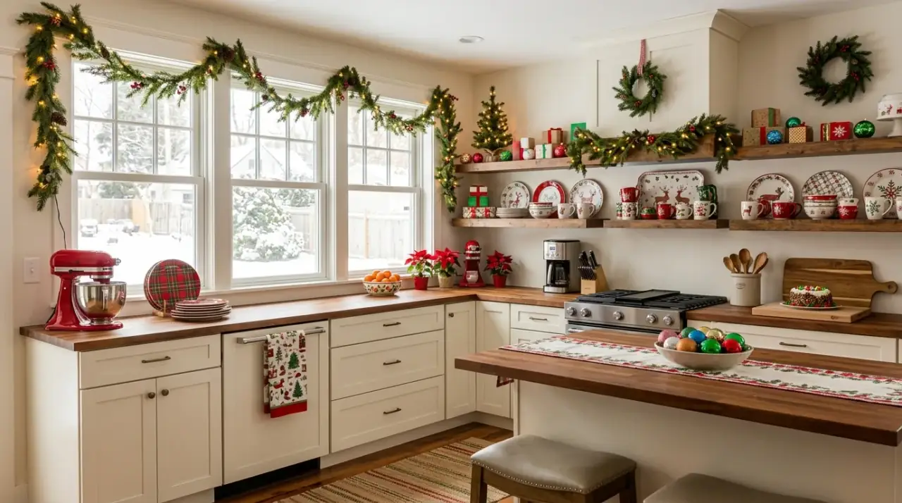 Plaid Christmas kitchen decor. Classic seasonal patterns adding cozy holiday character to the room.