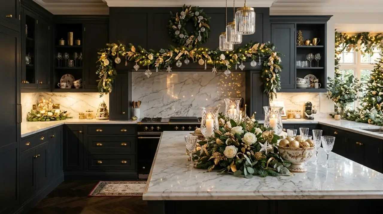 Edible Christmas kitchen decor. Seasonal treats and citrus accents adding festive charm to the kitchen.