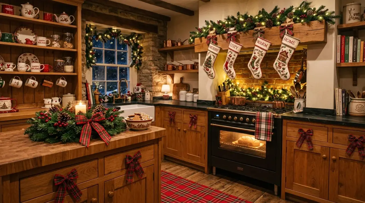 Festive Christmas kitchen overview. Warm holiday kitchen decor balancing seasonal cheer with everyday usability.