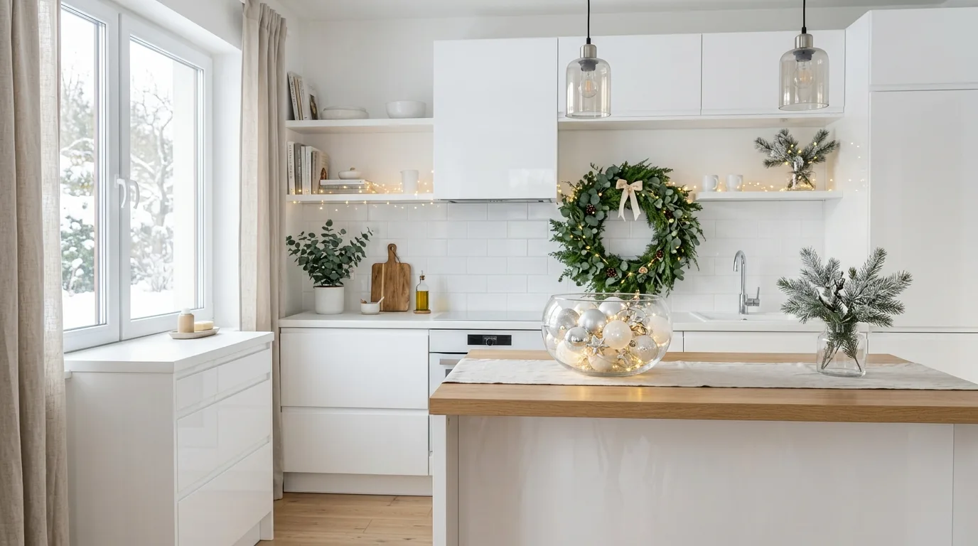 Warm winter kitchen linens. Seasonal textiles bringing soft color and comfort into the kitchen.