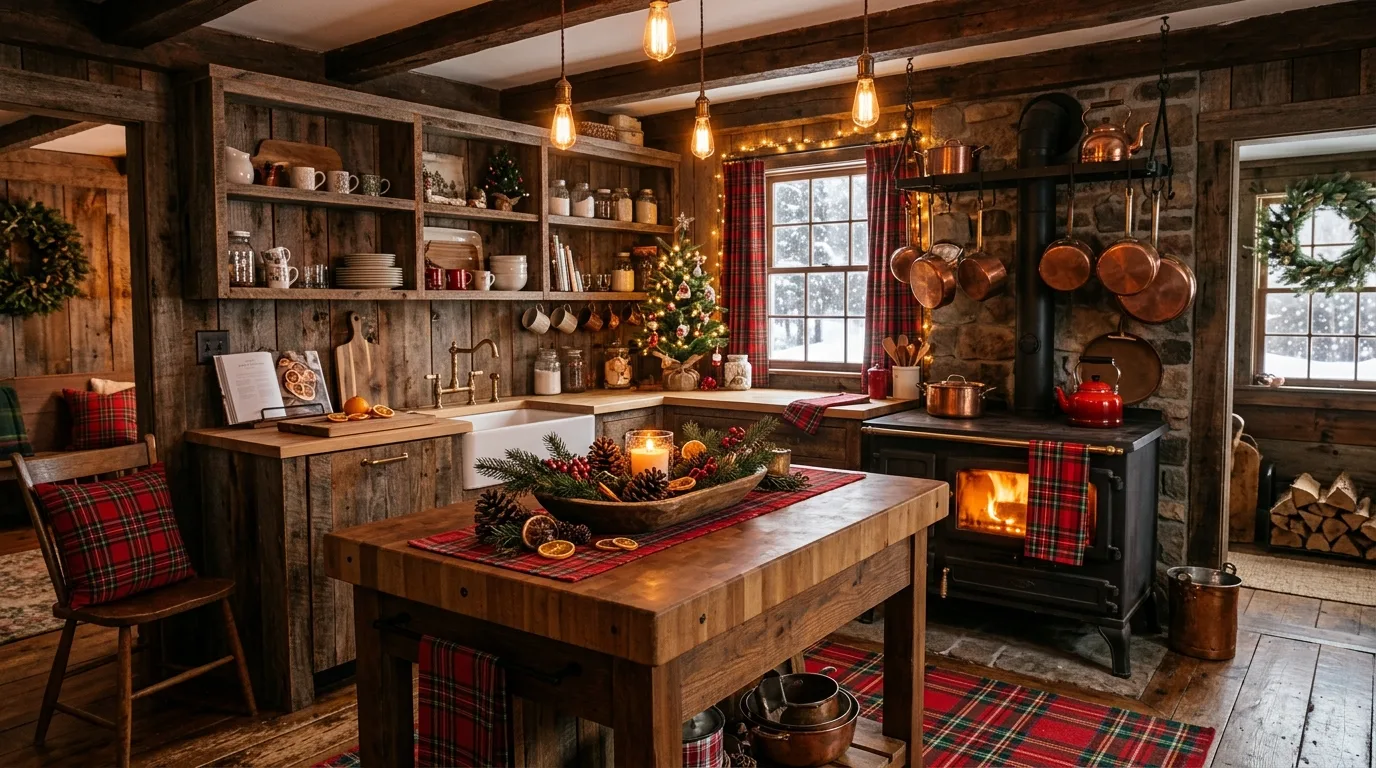 Candles on winter kitchen counter. Soft seasonal lighting creating a warmer kitchen atmosphere.