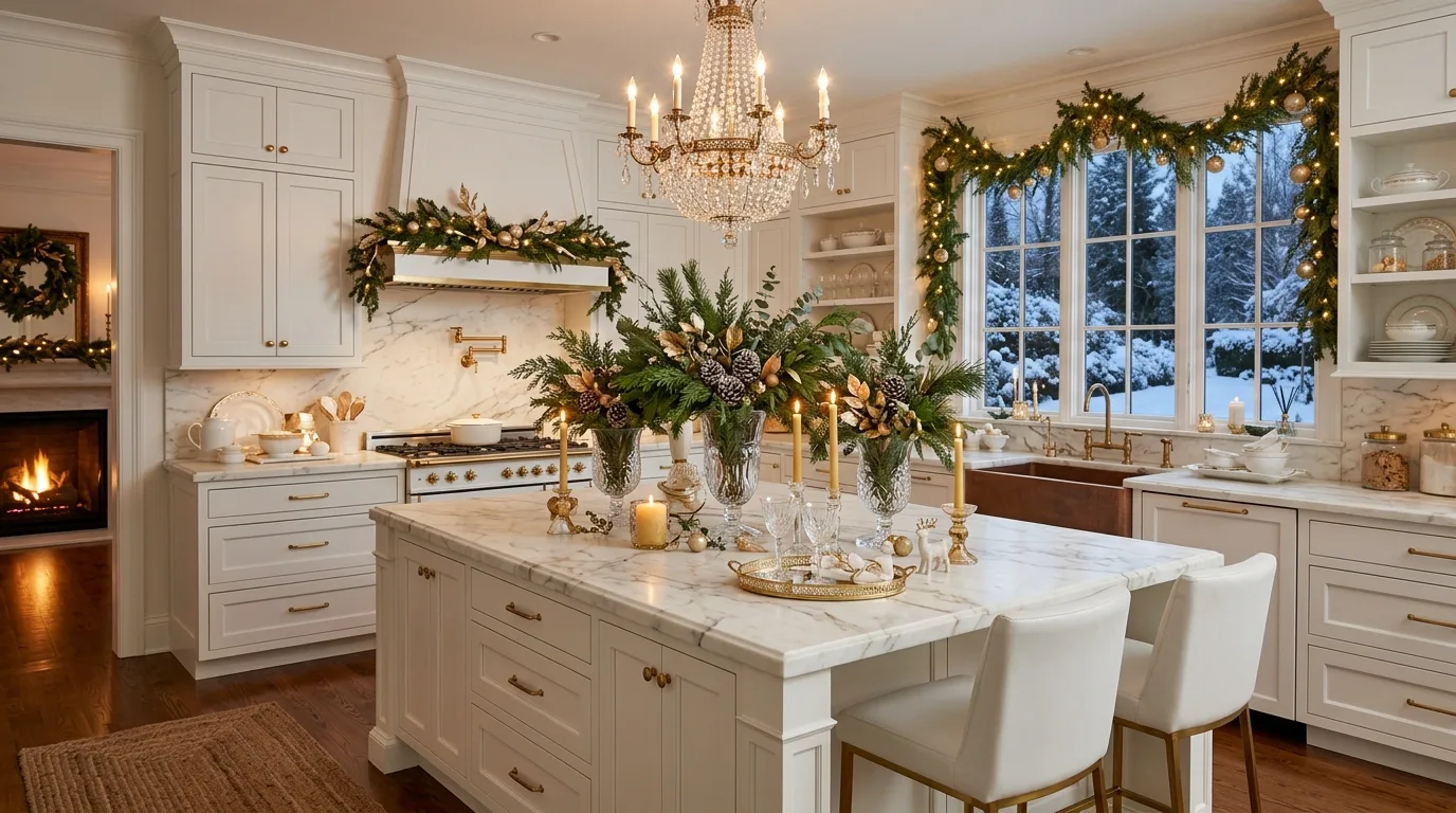 Wood boards in winter kitchen decor. Natural rustic layering adding warmth to the seasonal kitchen.
