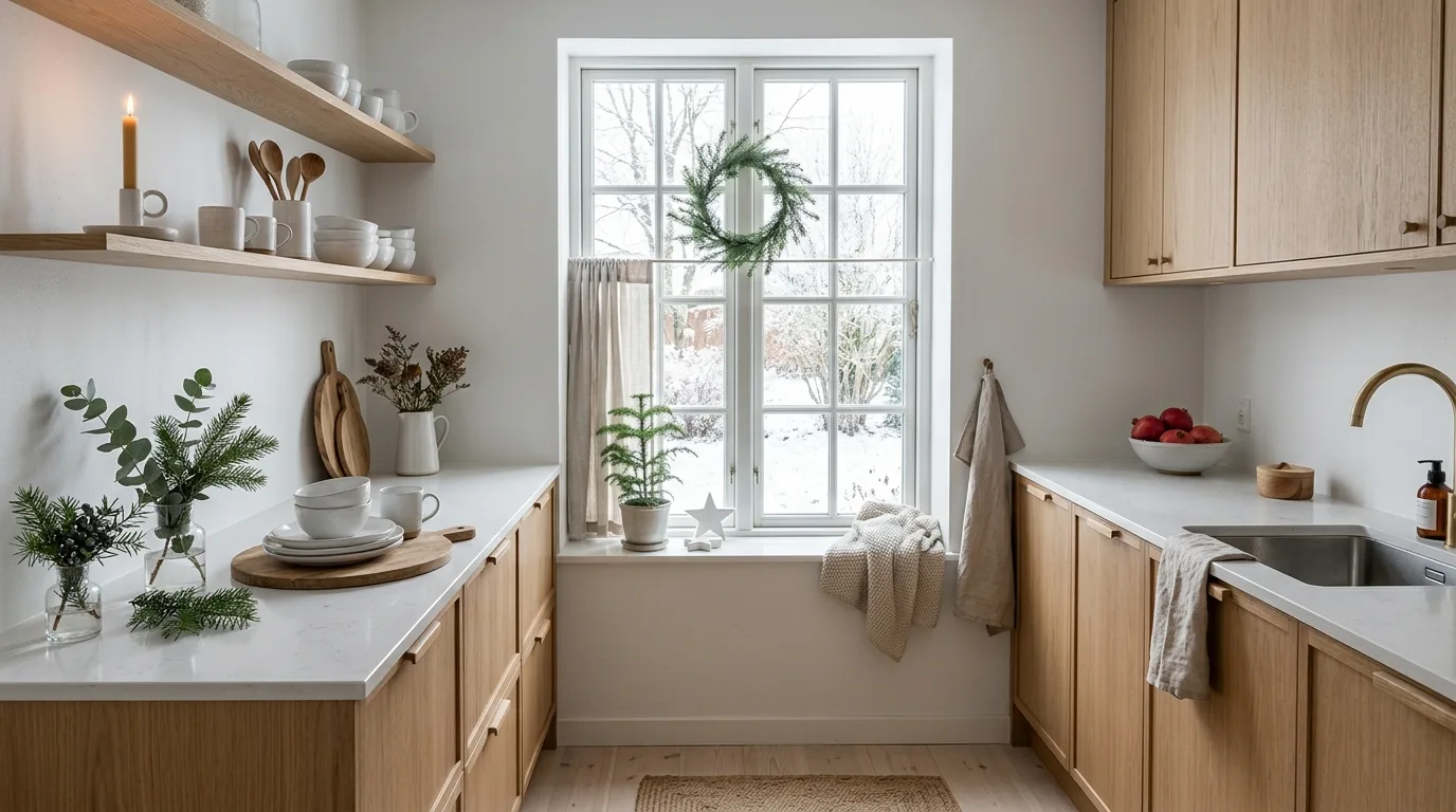 Brass accents in winter kitchen decor. Warm metallic details adding festive polish to the cookspace.