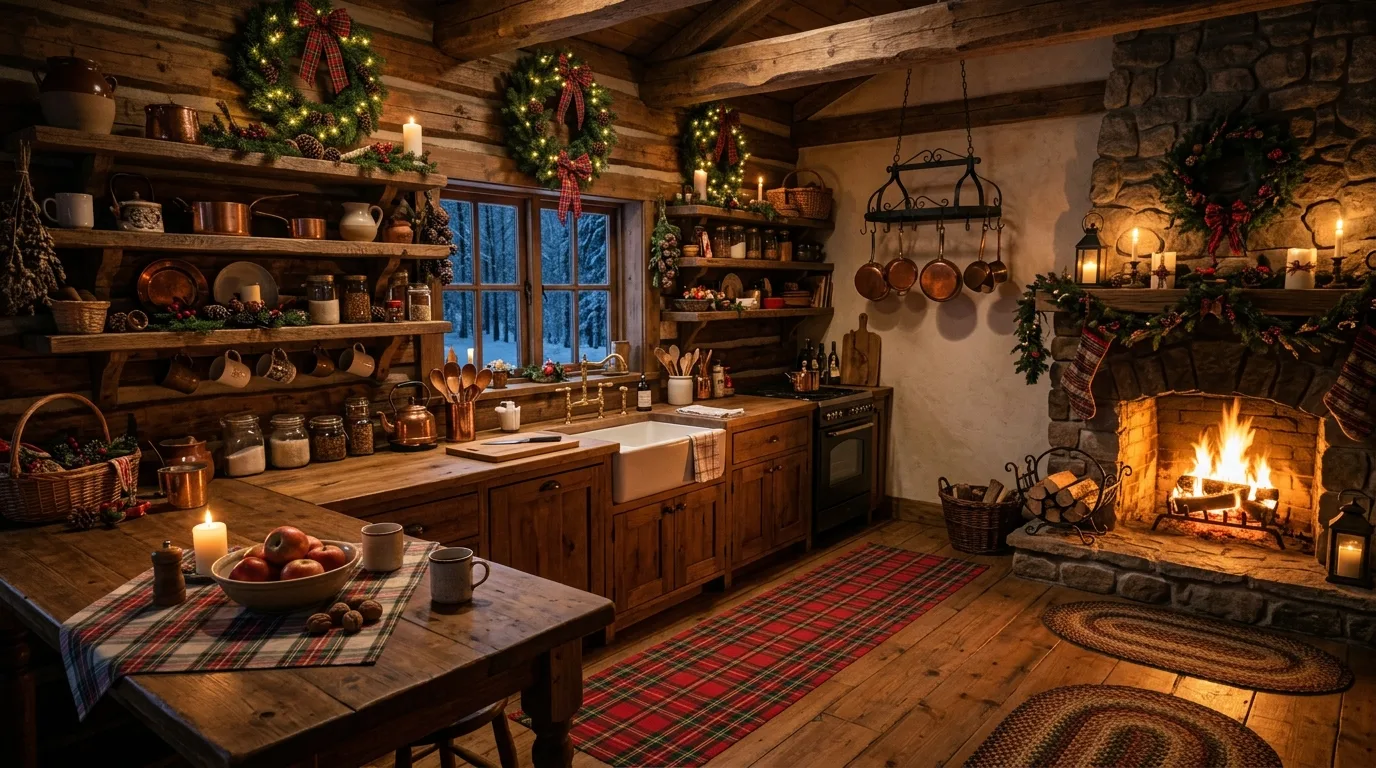 Winter tray decor on kitchen island. Contained seasonal styling bringing warmth to the central workspace.