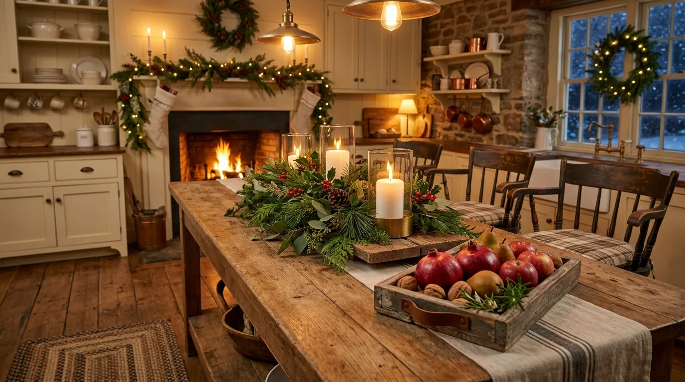 Winter wreath in kitchen decor. Seasonal greenery bringing a festive touch without using counter space.