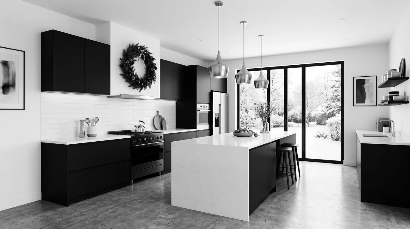 Cream and green winter kitchen palette. A calm seasonal color scheme creating a softer festive refresh.