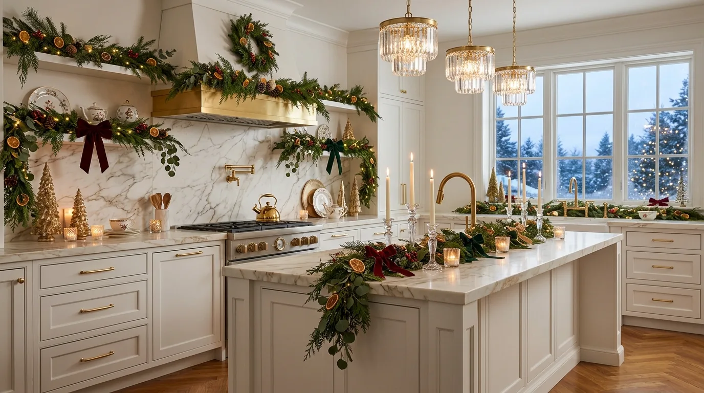 Winter styling around kitchen sink. Practical sink-area decor adding soft seasonal texture.