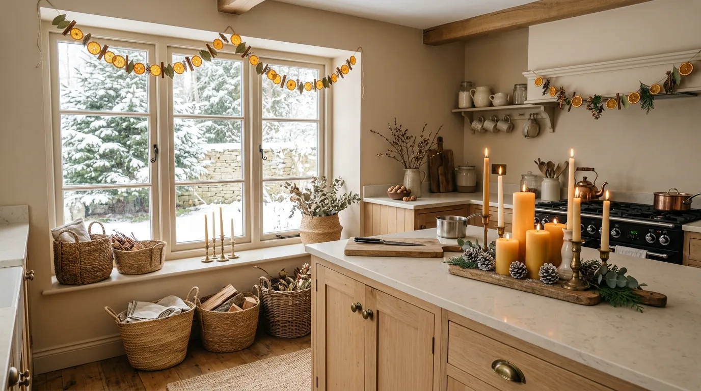 Warm evening lighting in winter kitchen. Layered light enhancing festive seasonal decor in the kitchen.