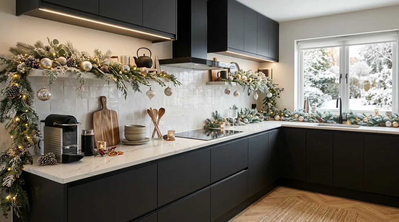 Winter kitchen decor balanced with function. Seasonal refresh designed to feel festive while remaining practical.