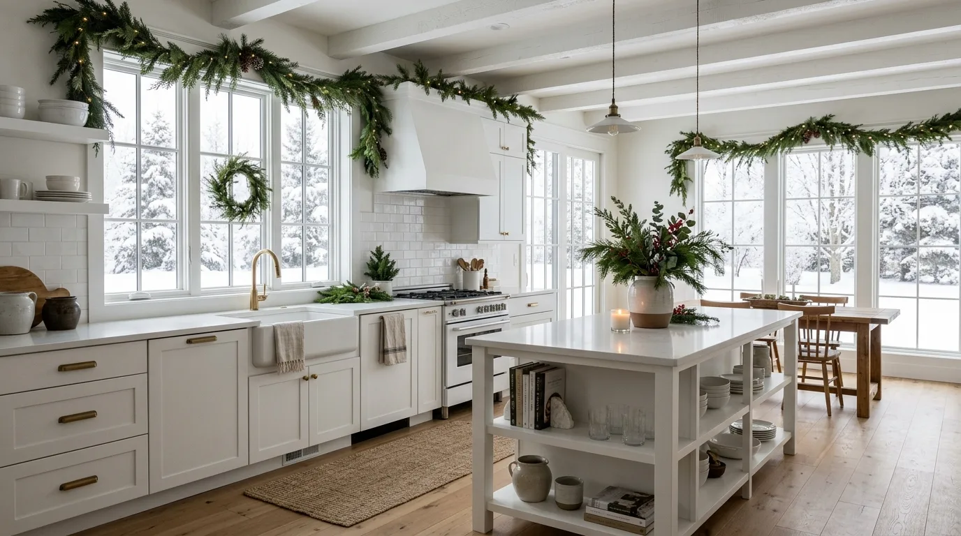 Festive winter kitchen styled as a whole room. A layered seasonal refresh creating warmth throughout the cookspace.