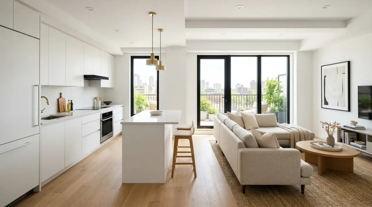 Flowing small open concept kitchen living room arranged for better modern living and visual ease.