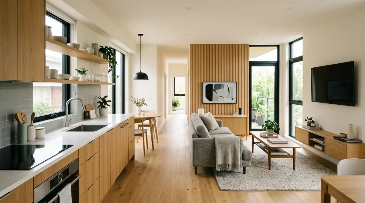 Zone definition in open concept. Small open concept kitchen living room defined by rugs and lighting.
