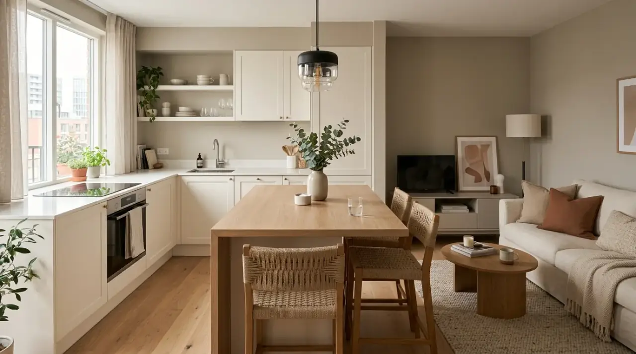 Clear walkways open concept. Flowing small open concept room with clear paths between kitchen and living areas.