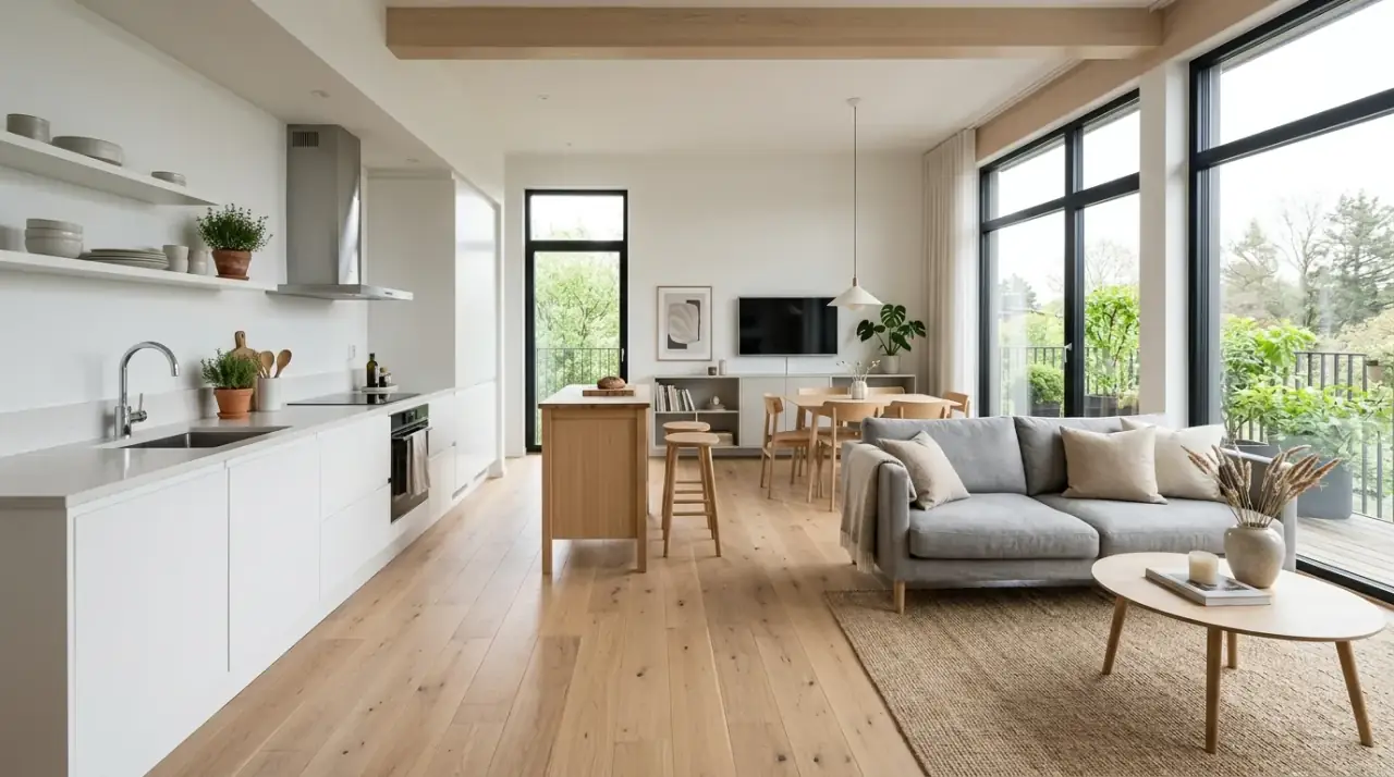 Light furniture open concept. Small kitchen living room with lighter furniture for better open flow.