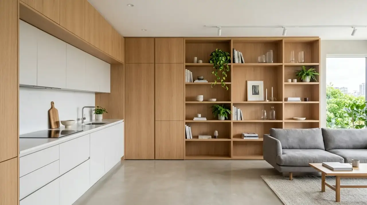 Storage in open concept room. Small open concept kitchen living room kept tidy through strong storage.
