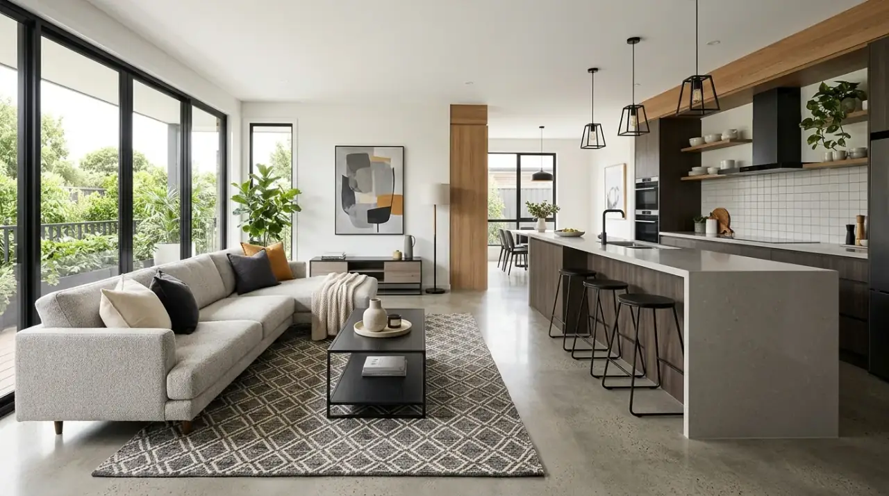 Compact dining open concept. Small open concept kitchen living room with compact dining that preserves flow.