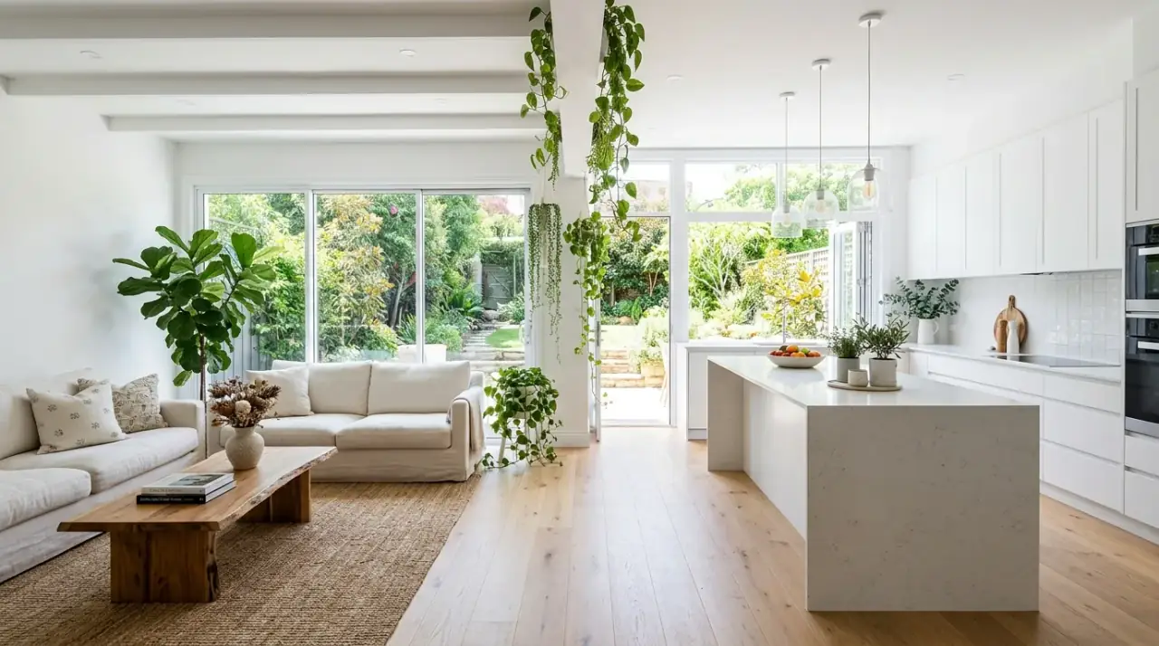 Edited kitchen in open concept. Flowing open concept room with a tidy visually calm kitchen zone.
