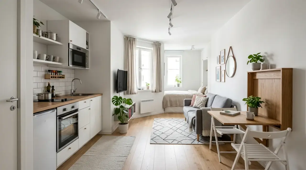 Low contrast flooring open concept. Small open concept kitchen living room unified by consistent flooring.