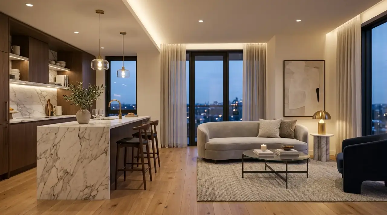 Sightlines in open concept kitchen living room. Flowing small open concept room designed with better sofa to kitchen sightlines.