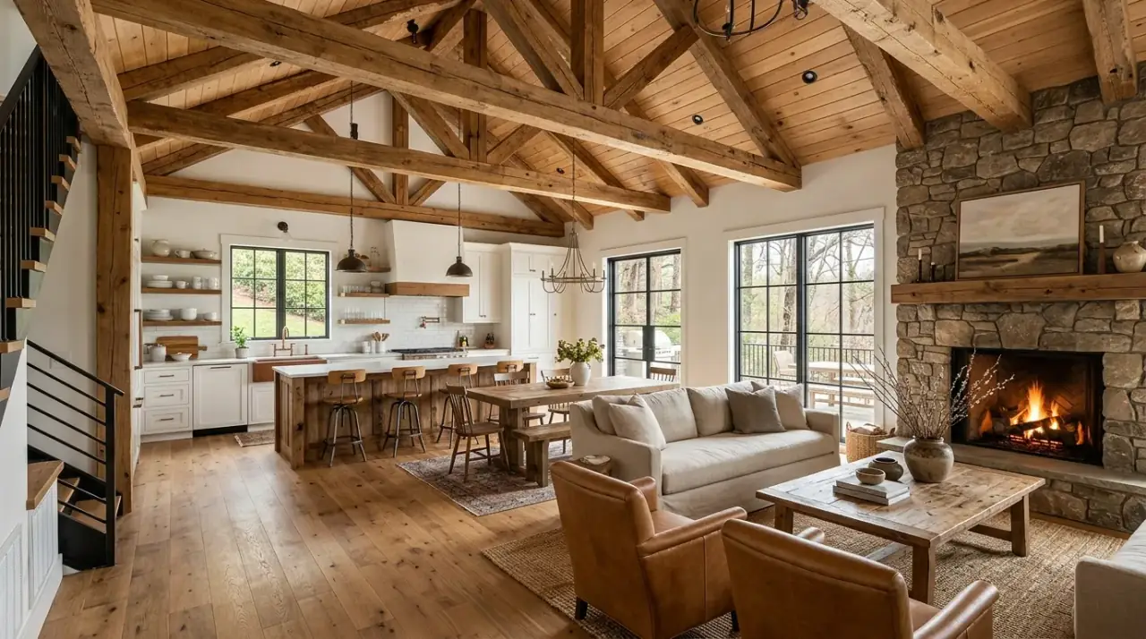 Lighting layers open concept. Small kitchen living room with layered lighting for clear functional zones.