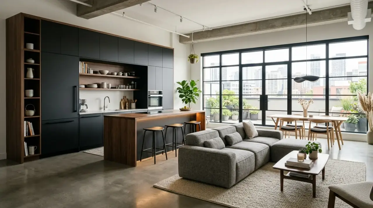 Open concept overview. Flowing small open concept kitchen living room designed for modern living.