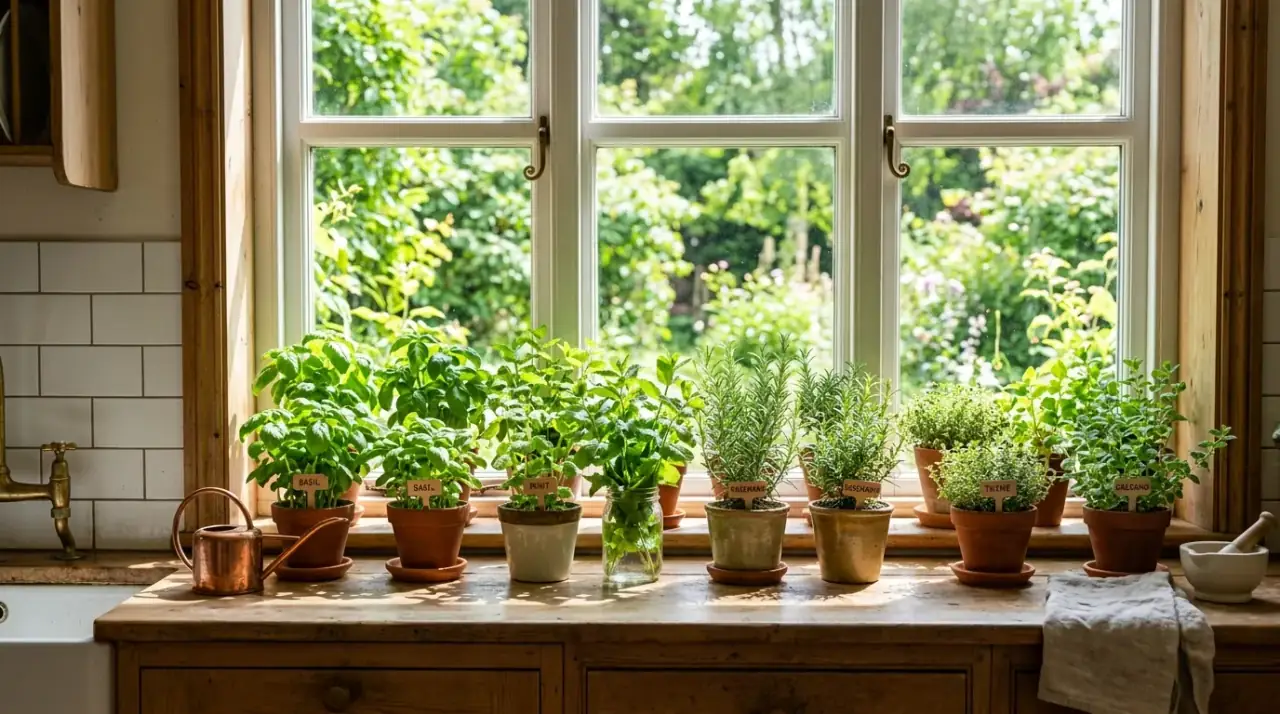Fresh kitchen window plant display bringing greenery and natural light into the cookspace.