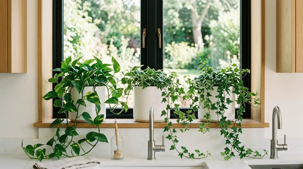 Matching kitchen plant pots. Kitchen window plant display styled with coordinated matching pots.