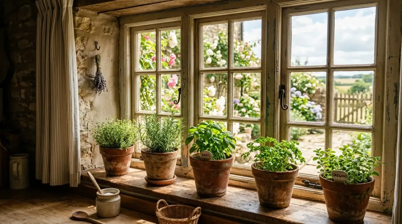Layered kitchen window plants. Green kitchen window display using plants of varied heights and forms.