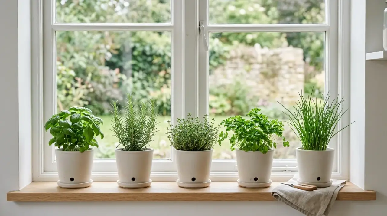 Kitchen plants by window light. Fresh kitchen window display using plants suited to the available light.