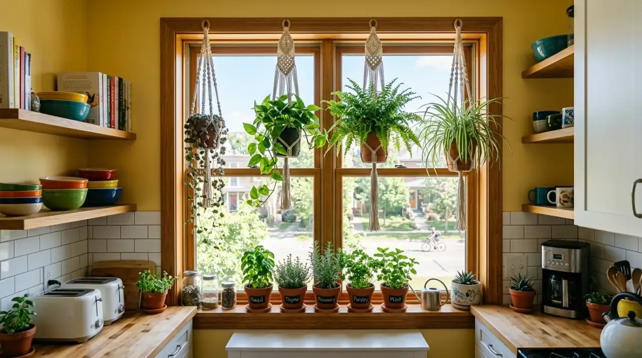 Trailing kitchen window plant. Kitchen window plant display softened by a trailing vine or ivy.