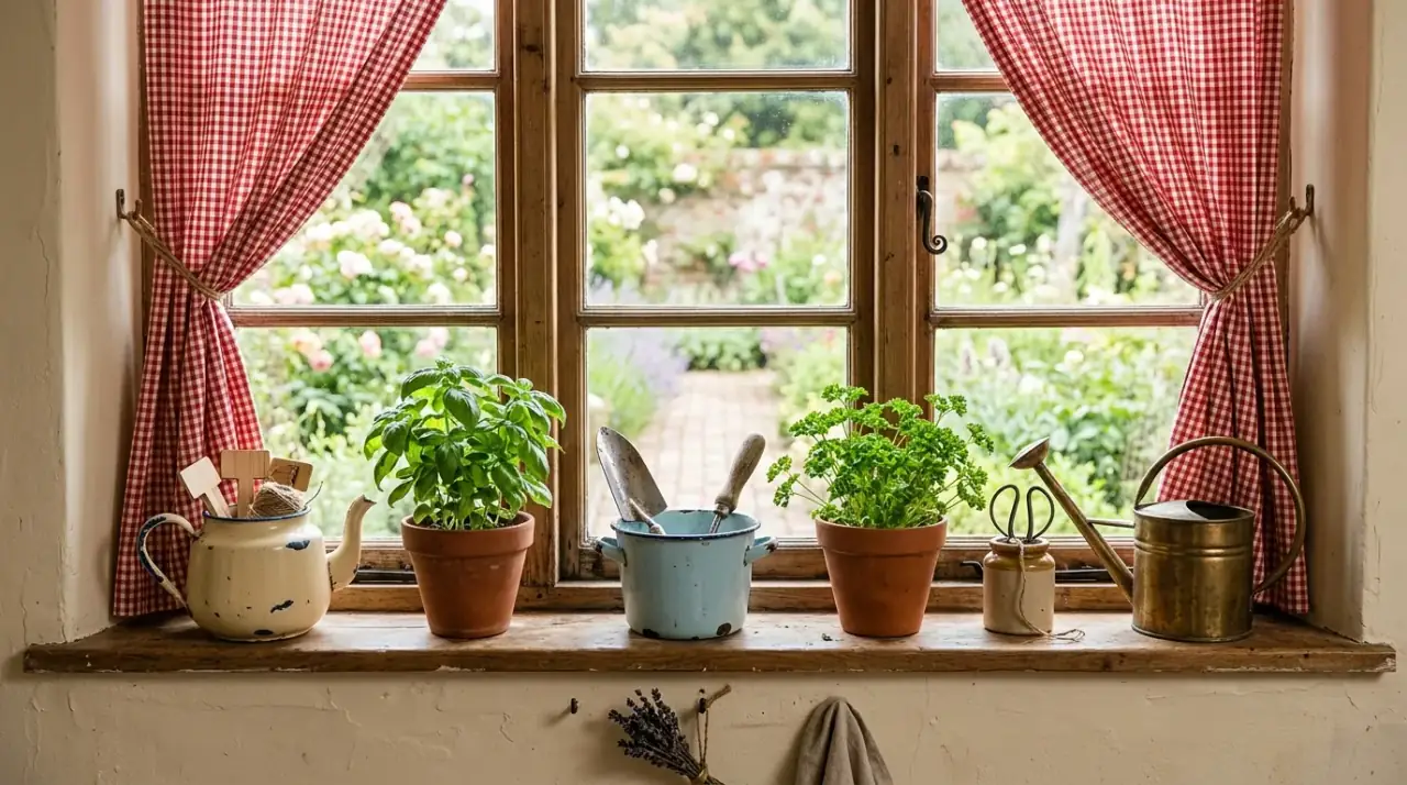 Mixed kitchen window plants. Kitchen window display blending herbs with decorative greenery.