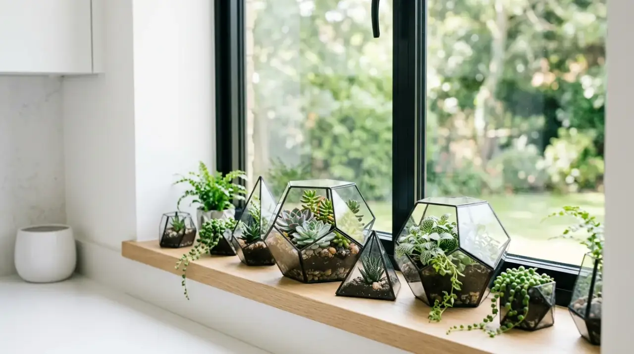 Kitchen window plant shelf. Fresh window plant display expanded with a narrow kitchen shelf.