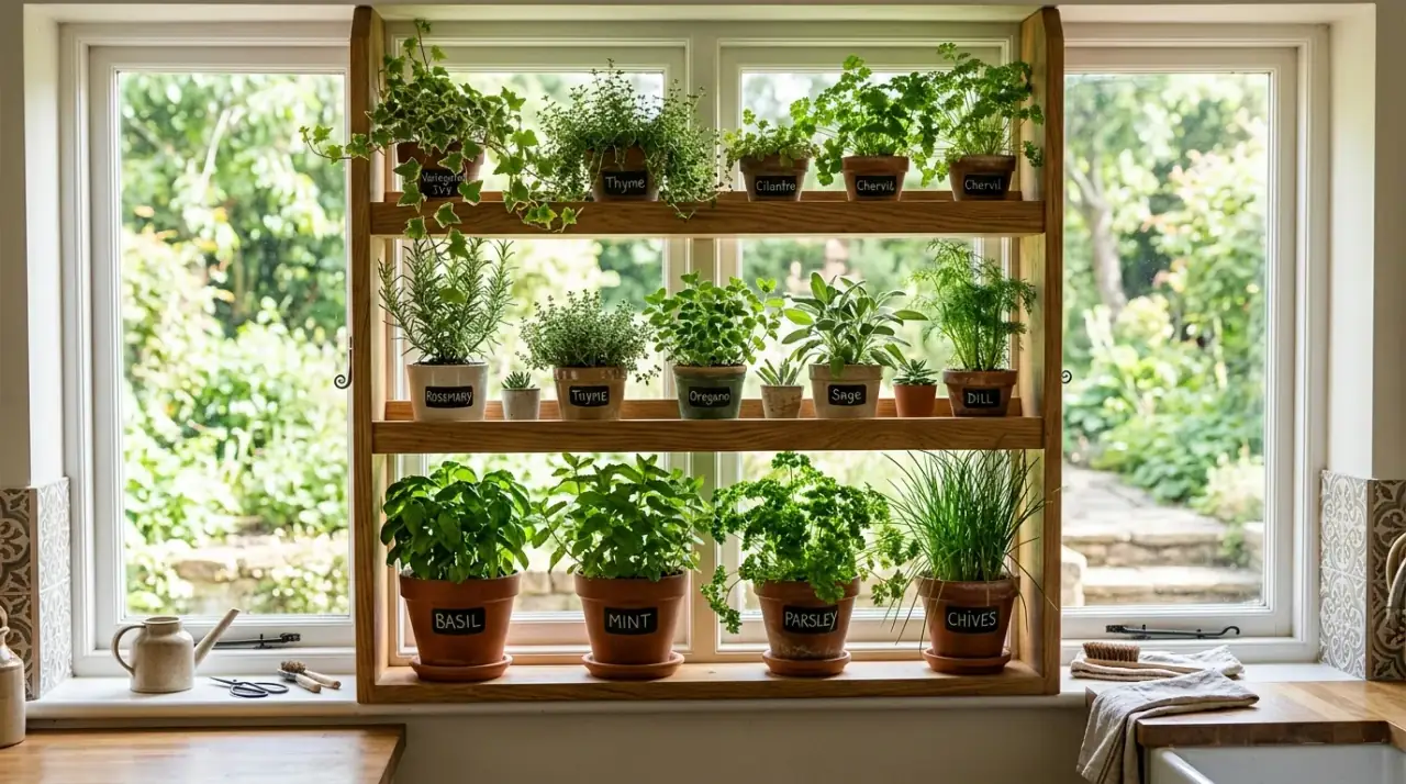 Terracotta kitchen window plants. Kitchen window greenery displayed in warm terracotta pots.