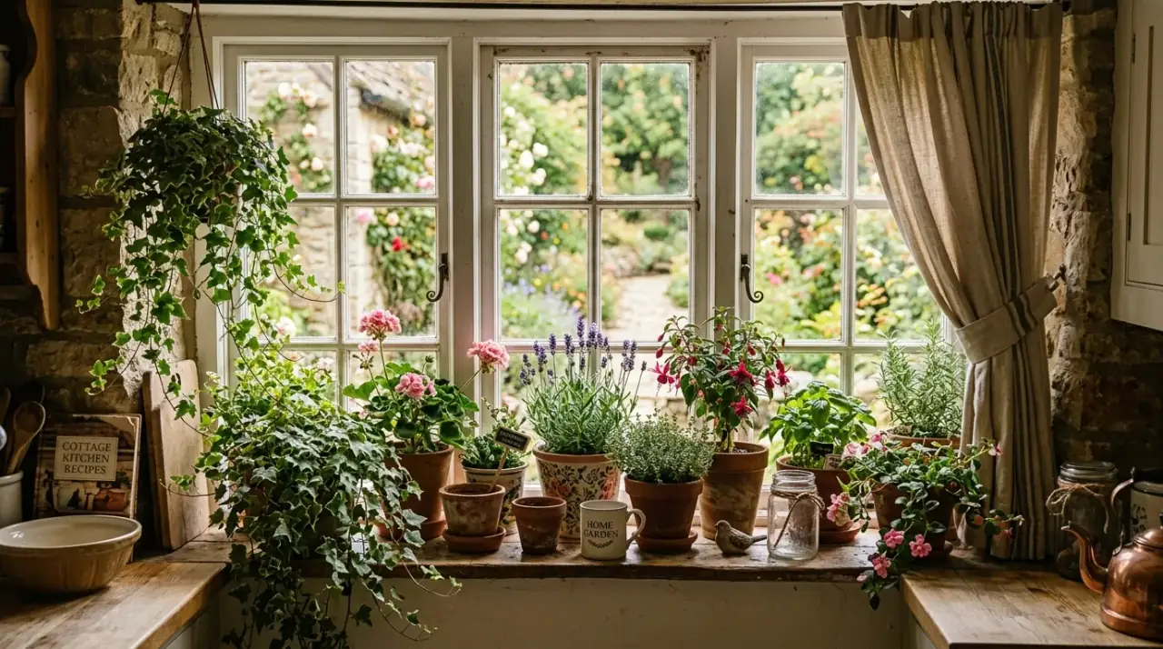 Clear counter under window plants. Kitchen window plant display framed by a clean uncluttered countertop.
