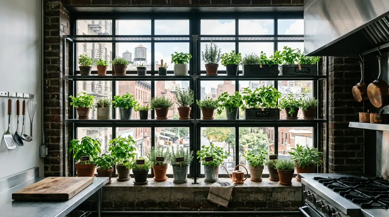 Rotated kitchen window plants. Healthy kitchen window greenery maintained through regular turning and care.