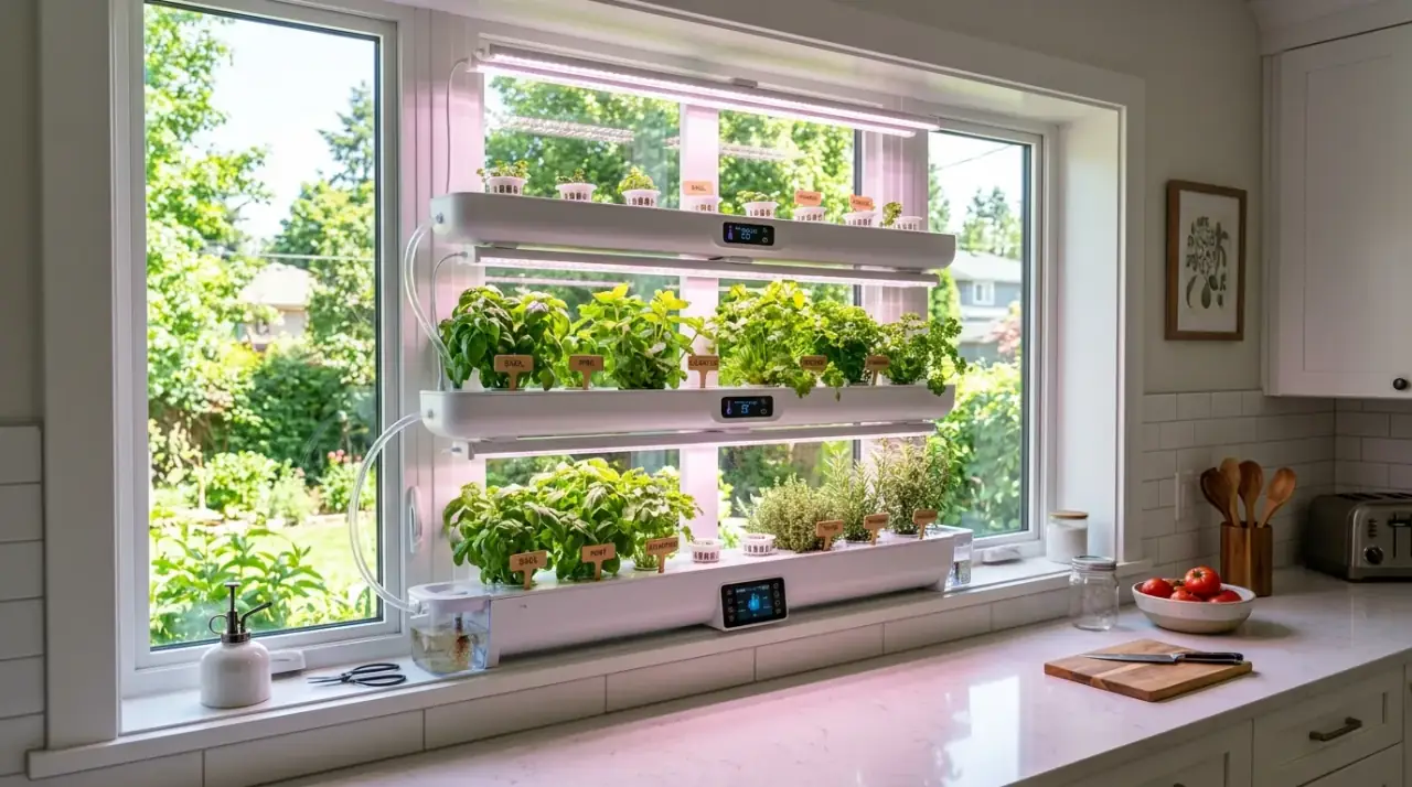 Hanging kitchen window plant. Fresh kitchen window greenery including a hanging plant above the sill.