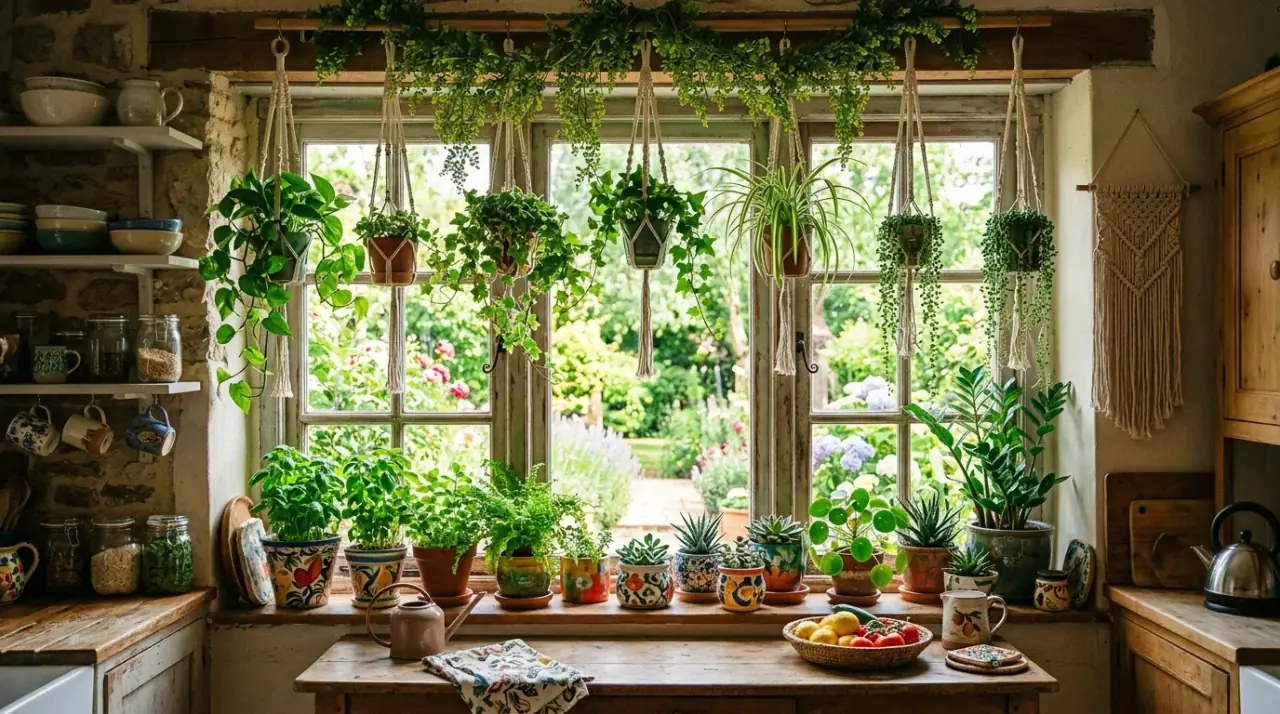 Seasonal kitchen window plants. Kitchen window plant display refreshed through seasonal greenery changes.
