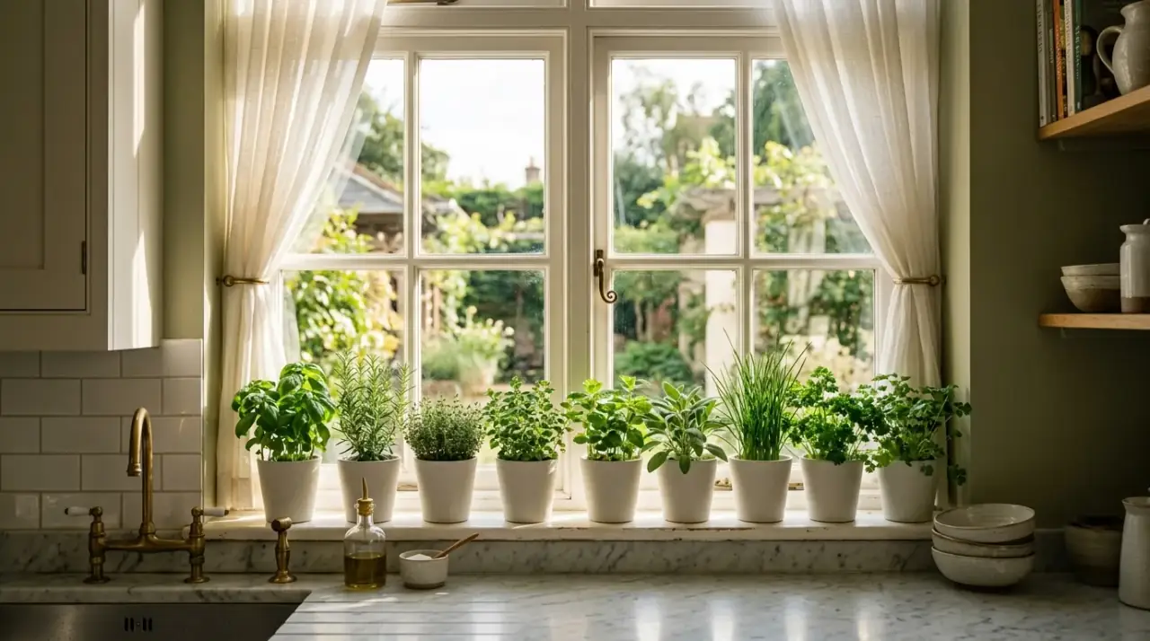 Kitchen plant display overview. Fresh kitchen window plants creating a green and welcoming focal display.