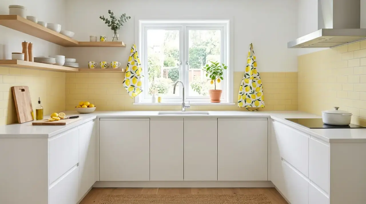 Lemon yellow kitchen textiles. Zesty kitchen decor using lemon yellow towels and linens.