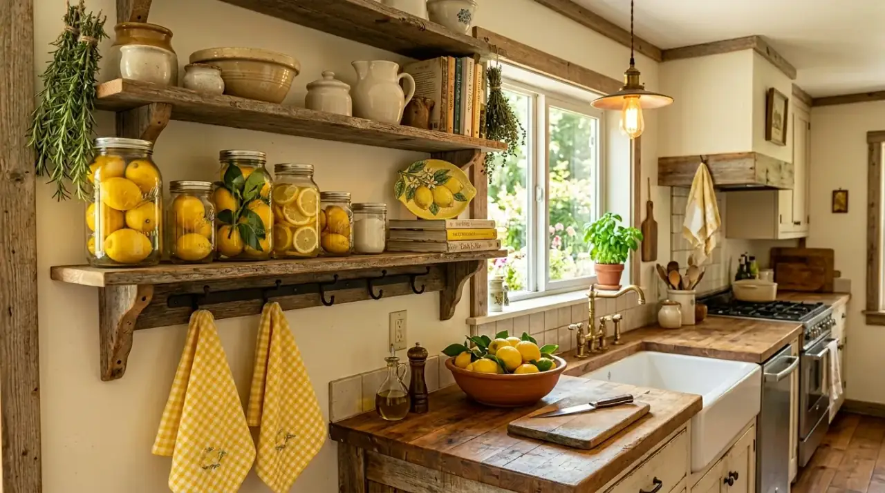 Citrus ceramics kitchen shelves. Kitchen shelves styled with lemon-toned ceramics and bright accessories.