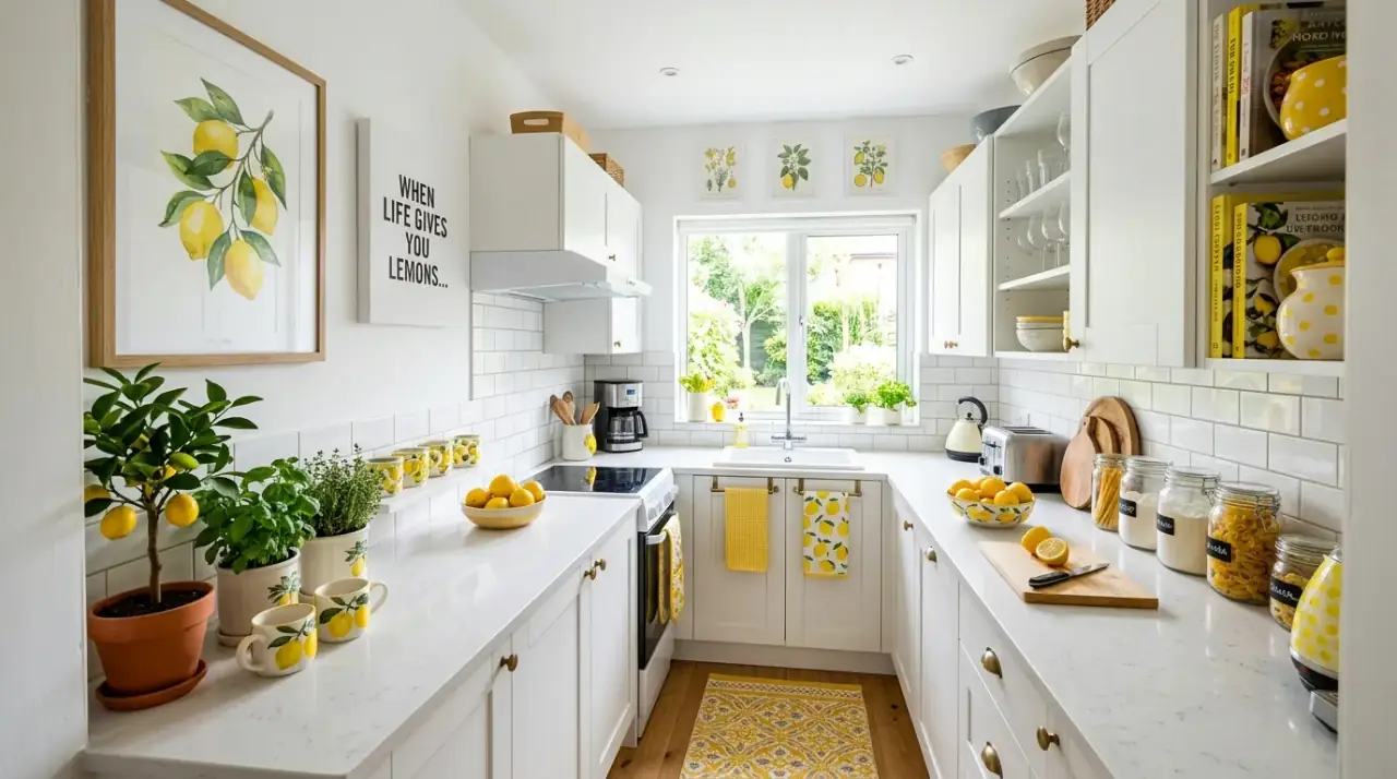 Lemon and white kitchen decor. Fresh kitchen decor pairing lemon yellow with crisp white surfaces.
