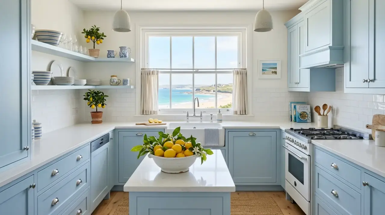 Lemon decor with greenery. Zesty kitchen decor combining lemon tones with fresh green plants.