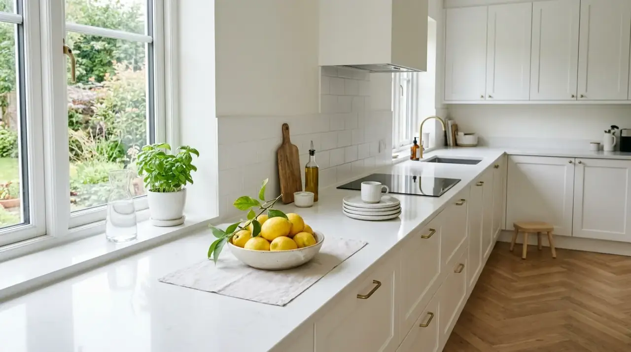 Sunlit lemon kitchen decor. Bright cookspace with lemon decor enhanced by natural light.