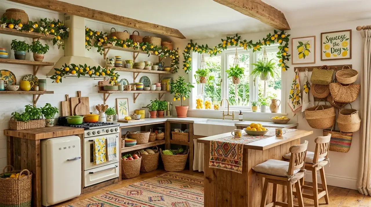 Lemon decor with wood accents. Fresh lemon kitchen decor balanced by natural wood elements.