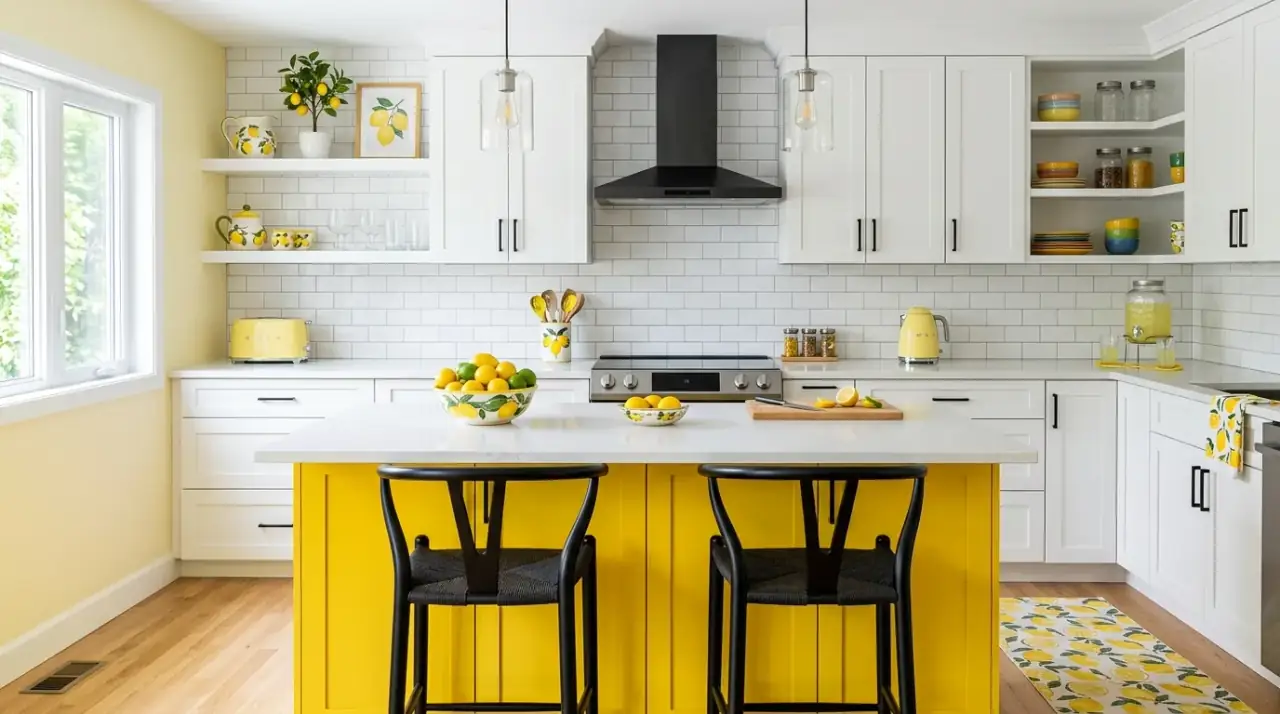 Citrus scent kitchen decor. Bright lemon styled kitchen enhanced by fresh citrus scent.