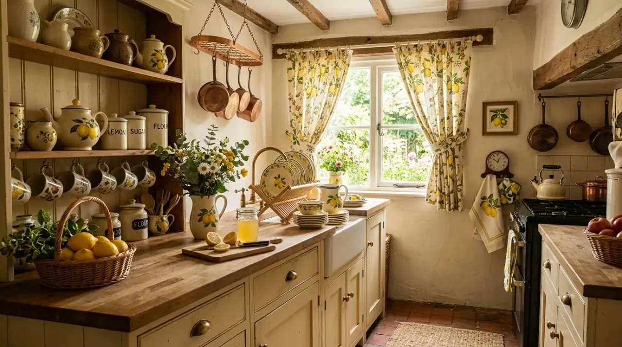 Calm backdrop for lemon decor. Zesty kitchen decor supported by simple light background surfaces.